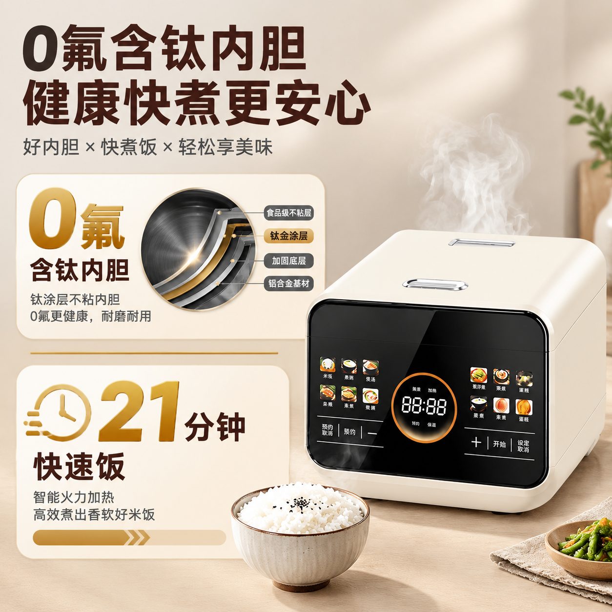 [主图-2] 核心价值与关键卖点，聚焦0氟含钛内胆健康优势与快… - 图片创意预览