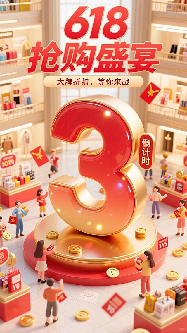 巨大的数字“3”在画面中间，红金渐变，带有闪亮效果。旁边是简单的“倒计时”。背景为豪华的购物厅，桌子上摆满了各种特卖商品和折扣标签。男生女生在前面抢购，旁边有金币、红包和优惠券。主标题"618抢购盛宴"，副标题"大牌折扣，等你来战“。