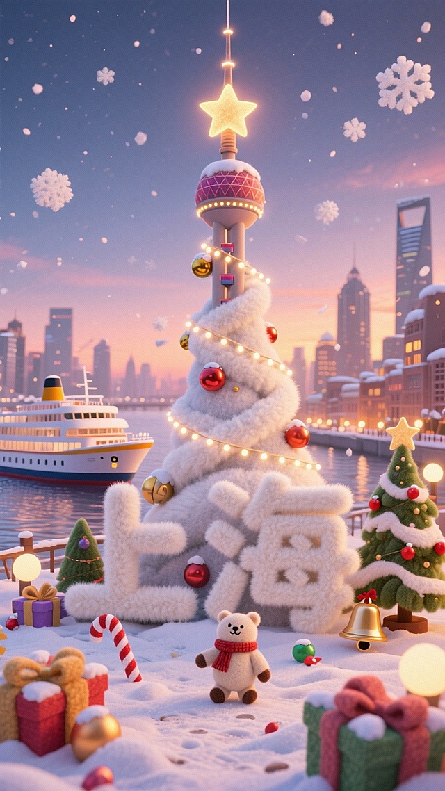 梦幻3D风格圣诞场景，东方明珠化作毛绒圣诞树，融合软3D与粘土风，雪中“上海”字样与萌熊营造温馨喜庆氛围，超现实城市夜景映衬节日浪漫。