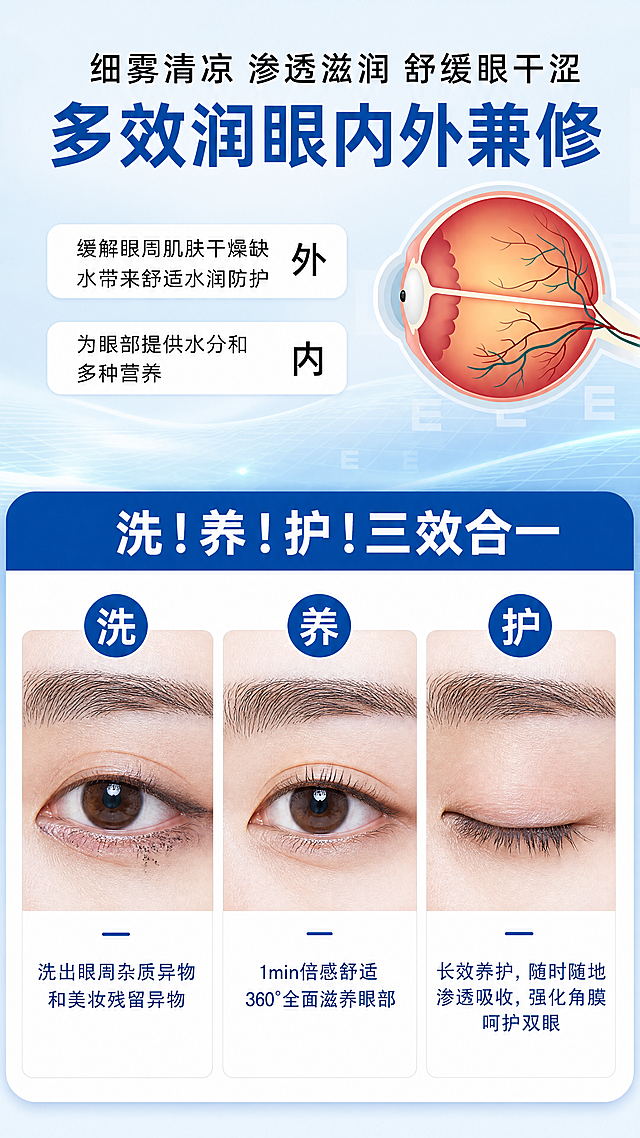 「图片1」，生成一套详情页，商品名称为叶黄素润眼喷雾，适配淘宝/天猫平台，单图比例为9:16，需求屏数为8张。参考图如下「图片1」「图片1」「图片1」「图片1」