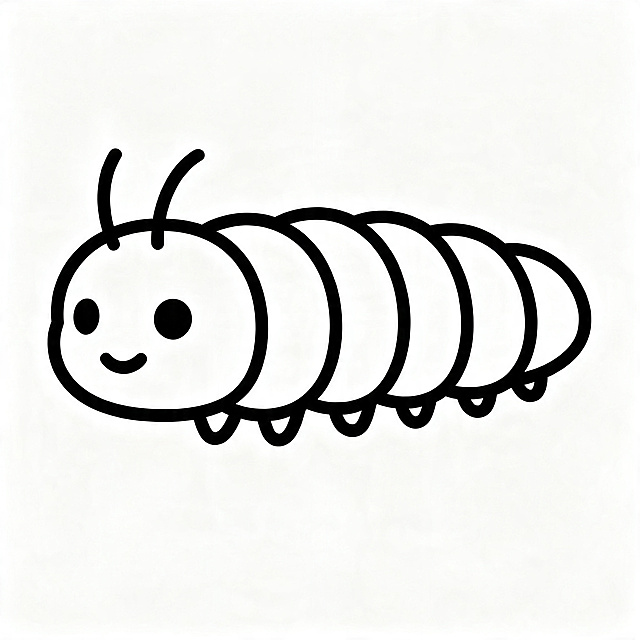 毛毛虫轮廓简图，毛毛虫头部位于画面左侧，简洁线条绘制，只有黑色轮廓，无填充颜色，整体造型清晰流畅，白底背景