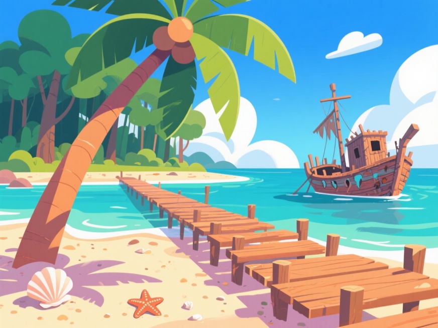 正午时分宁静森林小岛，一条摇摇晃晃的木码头通向停泊在海上的一艘破旧的木船，前景处是一片沙滩，棕榈树在微风中摇曳，贝壳和海星被半埋在沙中，一棵巨大的棕榈树在沙滩边缘，天空湛蓝，白云朵朵，氛围既充满冒险又预览效果