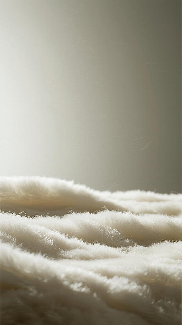 柔和渐变的背景，底部是细腻蓬松的白色绒毛质感，绒毛呈现出自然的波浪起伏形态，整体画面干净简洁，光线柔和均匀，营造出温暖舒适的氛围，色调以纯净的白色为主，无其他多余元素。