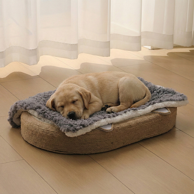 灰色毯子上加一只熟睡的拉布拉多幼犬，其他不变