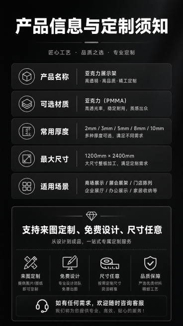 [第10屏] 产品规格参数与定制须知收口，总结产品信息。[氛围/风格] 专业简洁风格，延续深灰黑色调，信息清晰。[元素布局] 顶部大标题，中间是参数信息列表，底部是定制须知和服务提示。信息分块排列，清预览效果