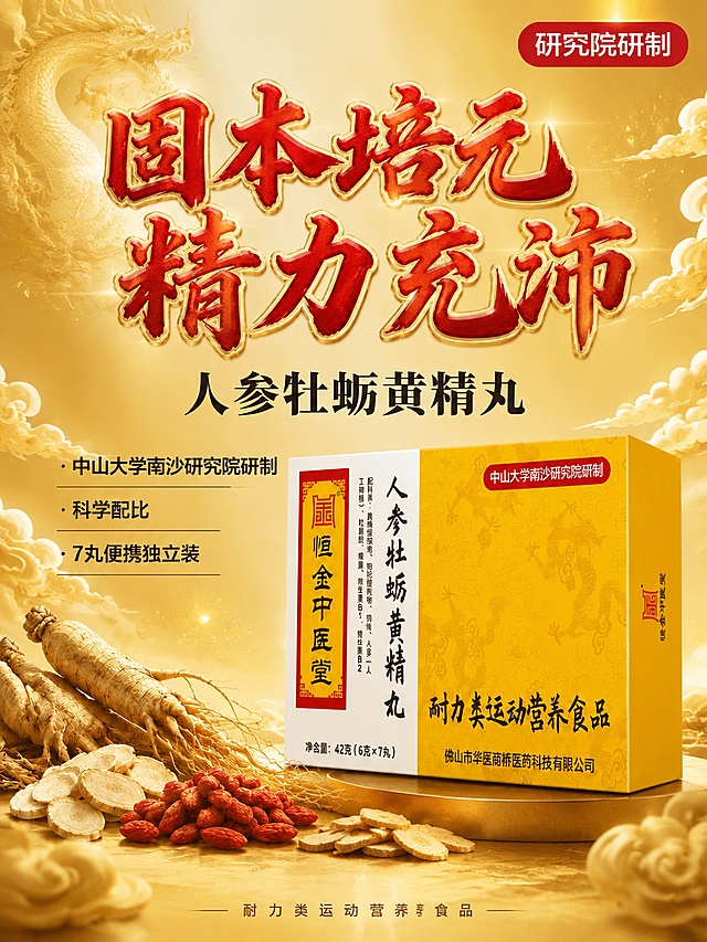 [第1屏] 详情页头图-人参牡蛎黄精丸国潮主视觉海报。本屏使用【图1】作为商品主体。
[氛围/风格] 国潮轻奢风，东方传统与现代营养科技融合，高端大气有品质感，商业摄影质感。
[元素布局] 产品包装盒置于画面右下侧，呈45°立体透视，占比约50%；包装盒左前方摆放人参、参片、枸杞、黄精片等原料点缀；背景为渐变金色，融入祥云纹理与微光粒子，左上角有淡墨龙纹剪影；画面上半部分留足文案空间。保持产品包装盒外观（物理结构、材质质感、颜色、文字排版）与输入产品图完全一致，杜绝任何变形和色差。
[光影质感] 左上方暖金色主光，右侧柔和补光，产品边缘有轮廓光，底部有自然投影，整体光线通透有层次，金色质感饱满。
[配色色系] 全局底色 #F5D76E 渐变；主色帝王金、中国红；辅色深棕、米白。
[视角构图] 平视微俯视角，产品在右下，阅读动线从上到下，左上标题 → 中部卖点 → 右下产品。
[文字版式] 顶部超大号红色书法字带金色描边"固本培元 精力充沛"，占画面宽度80%，字号极大醒目；其下黑色粗体副标题"人参牡蛎黄精丸"；再下三行卖点短句左对齐："中山大学南沙研究院研制""科学配比""7丸便携独立装"；右上角红色圆角标签白字"研究院研制"；底部小字"耐力类运动营养食品"。文字不遮挡产品主体。
[比例分辨率] 3:4竖版比例，4K分辨率，文字清晰可辨，高清画质。
[负向提示词] 变形，水印，文字错乱，产品图模糊，背景杂乱，包装文字错乱，颜色偏差。