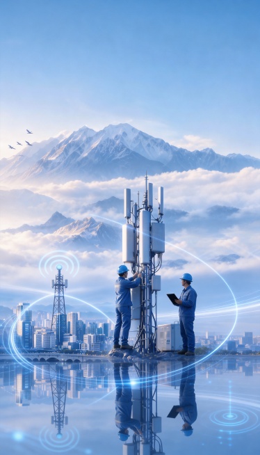 去除图片中的古城楼古建筑，保留远处的雪山云海，保留图片下方的两名工人、信号塔、城市倒影和科技光效元素，保持整体画面风格协调，光影自然不变预览效果