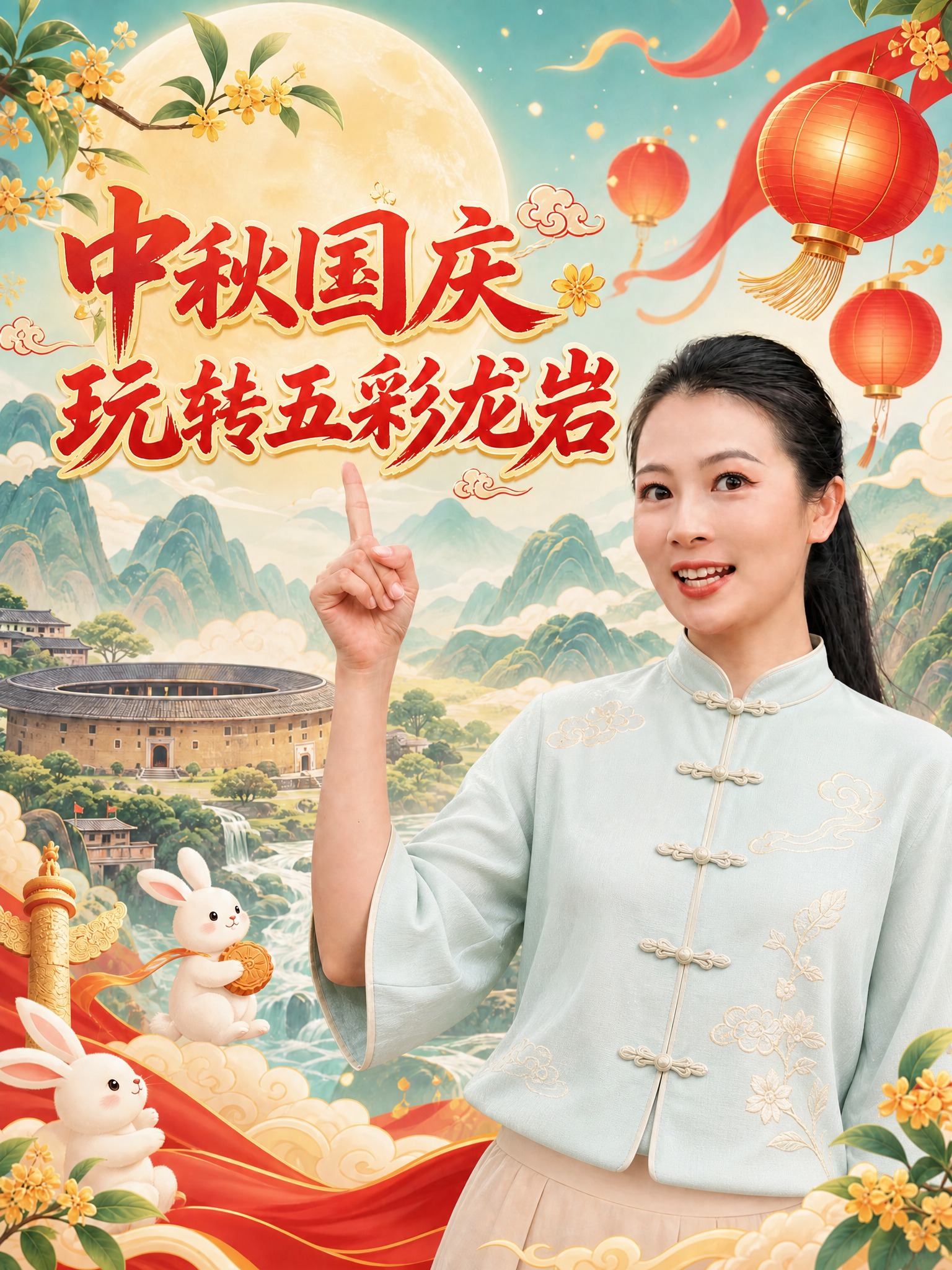 在这张中秋国庆国潮文旅海报上，只修改人物服装：将女生身上鲜艳的… - 图片创意预览