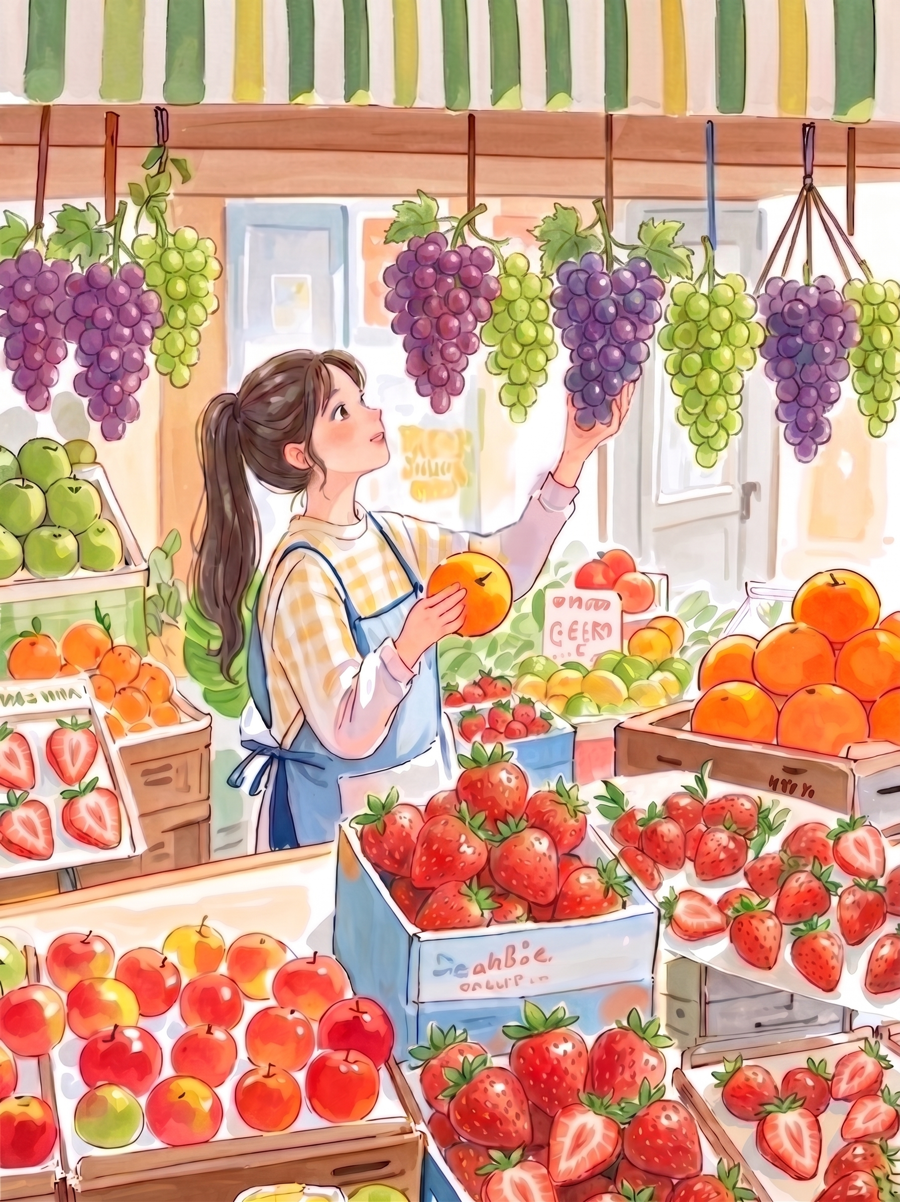 在当前马尾长发女孩水果店插画基础上，将挂着的所有榴莲替换成成串… - 图片创意预览