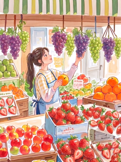 在当前马尾长发女孩水果店插画基础上，将挂着的所有榴莲替换成成串的新鲜葡萄，整体风格保持治愈温暖的水彩插画质感不变，保留其他水果和场景布局预览效果