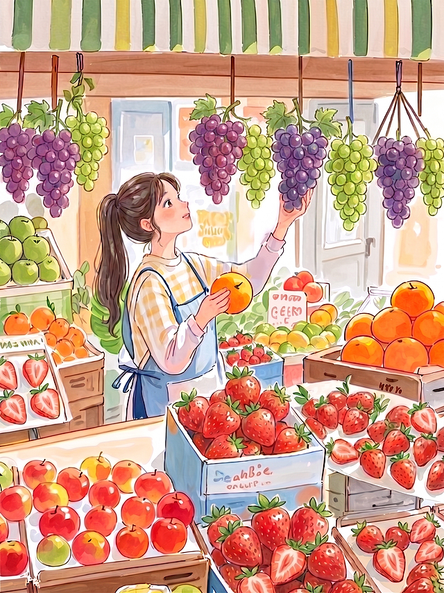 在当前马尾长发女孩水果店插画基础上，将挂着的所有榴莲替换成成串的新鲜葡萄，整体风格保持治愈温暖的水彩插画质感不变，保留其他水果和场景布局
