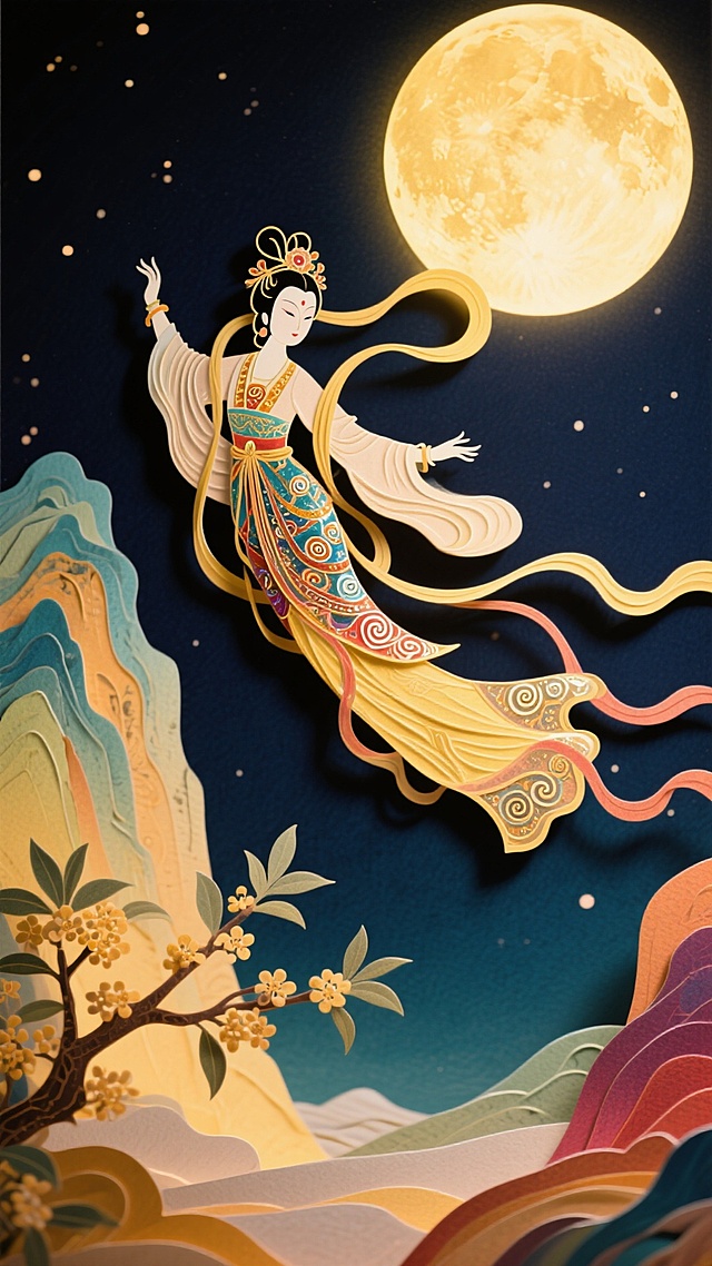梦幻唯美的中式剪纸风插画，嫦娥飞天于明月之下，融合撕纸与浮雕质感，展现古典民族韵味，中秋佳节氛围浓厚。