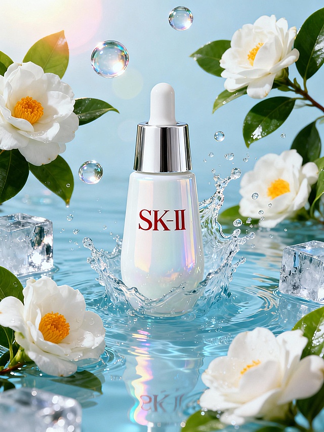 主体内容为乳白精华瓶（瓶身印“SK-II”红色字样，搭配银色瓶盖），场景设定在浅蓝水漾氛围中，周围环绕盛放的白色山茶花、翠绿叶片、晶莹冰块及飞溅的水花、悬浮透明水珠；风格参考清新高级的美妆商业摄影风，兼具梦幻质感；色彩色调以浅蓝、透明、纯净白为主，点缀叶片的鲜活绿与花蕊暖黄色；构图视角为中心聚焦的平视特写，突出瓶身主体；附加细节包括瓶身的光泽反射、水花的动态肌理、冰块的通透纹理、背景的柔光光晕，以及水珠的折射效果。
