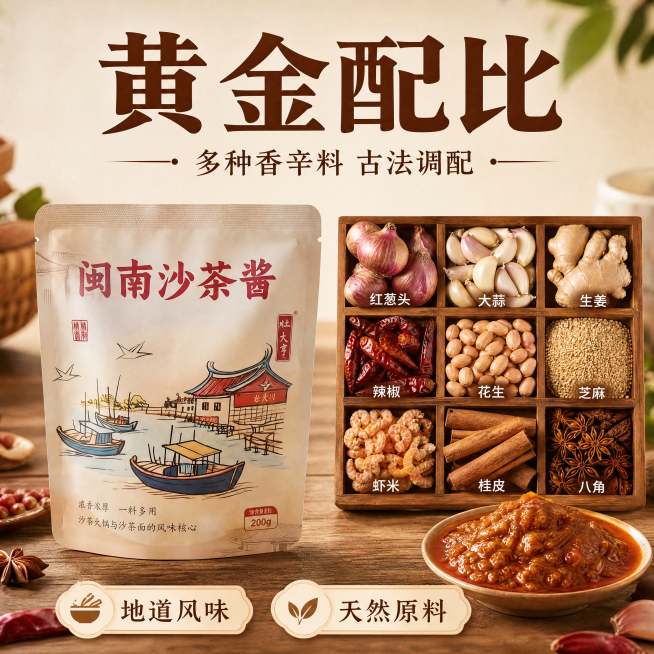 [主图-2] 沙茶火锅汤底黄金配比卖点展示图，展示原料搭配
[氛围风格] 地道食材展示风格，真实天然
[画质] 商业美食摄影质感，光线柔和通透，产品清晰真实，画面干净高级
[元素] 左侧保持原包装袋闽预览效果