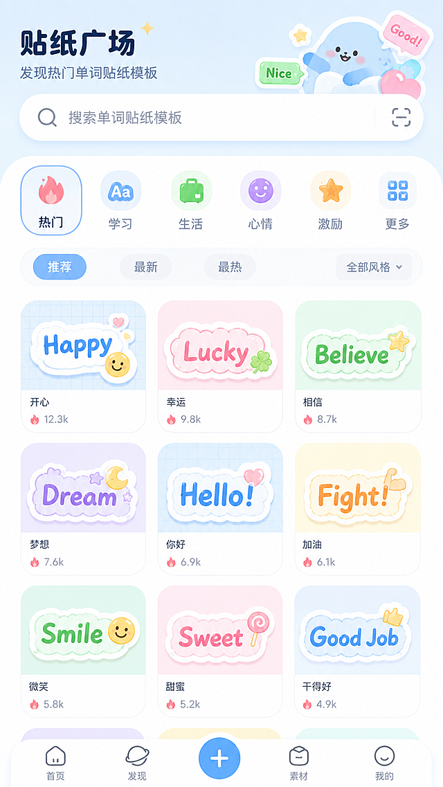 贴纸广场页，展示热门单词贴纸模板列表，顶部搜索框，分类标签，支持浏览挑选模板，设计风格：清新简约、浅奶蓝主色调，马卡龙辅助色，全圆角设计，轻治愈风