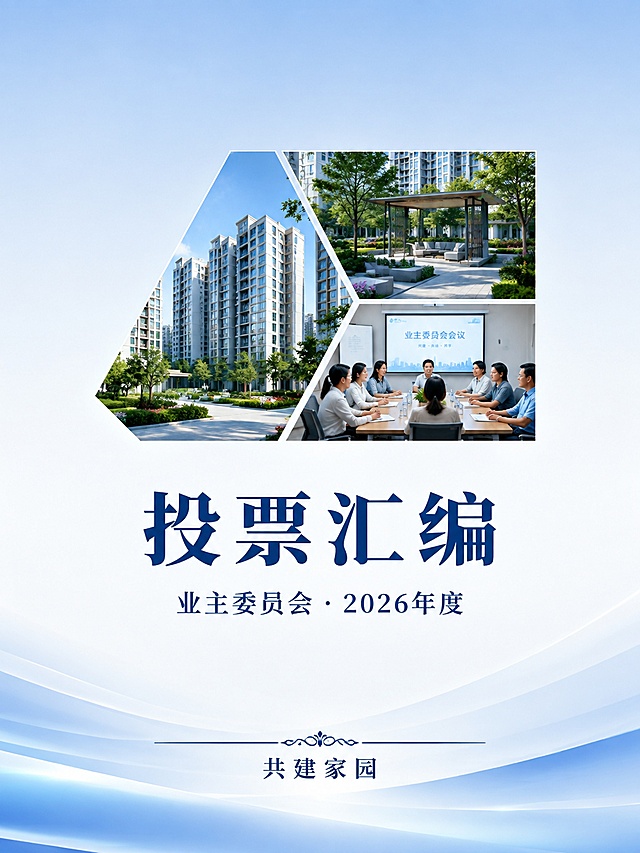 书籍封面设计，竖版，浅蓝色大气风格。画面上半部分为浅蓝色渐变背景，中央偏上位置有一组小型图片拼贴组合，约占画面25%面积，由三张社区相关场景照片以精致的几何方式组合排列：小区建筑、社区空间、会议场景，图片之间用白色细线分隔，图片周围有大量留白。图片下方居中位置用深蓝色庄重字体书写主标题"投票汇编"，字体大气舒展。主标题下方用稍小字号写副标题"业主委员会 · 2026年度"。画面底部为浅蓝色渐变过渡，底部中央有简洁的装饰线条和"共建家园"字样。整体配色为浅蓝+白色+深蓝，风格清新大气、简约庄重，大量留白营造高级感。四周留有充足安全边距，排版精美，层次分明，超高清画质。画面中所有信息区域必须填充完整合理的内容，不得出现空白框或待填写区域。