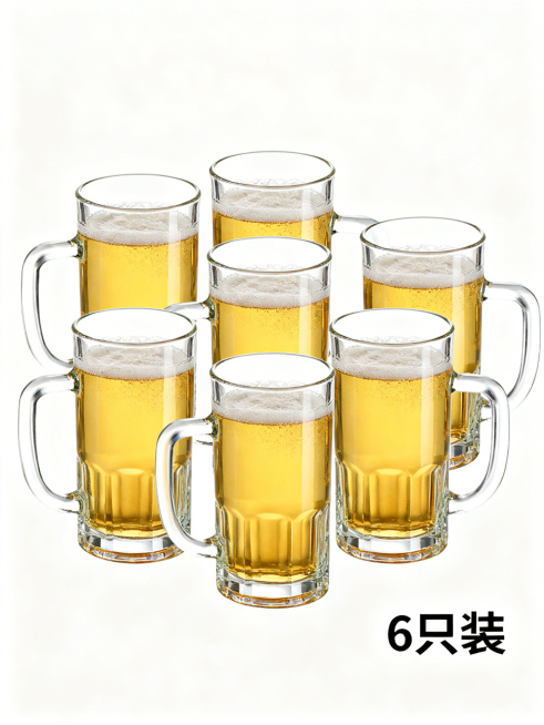 电商SKU图，六只和参考图款式完全一致的加厚透明把手玻璃啤酒杯，整齐排列在纯白色干净背景，角落标注清晰文字“6只装”，均匀明亮光线，突出玻璃通透质感，高清商品摄影，比例3:4预览效果