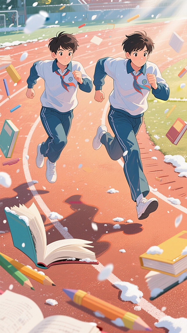 两个高中生少年在操场上，冲刺动作，周围漂浮着书本和文具