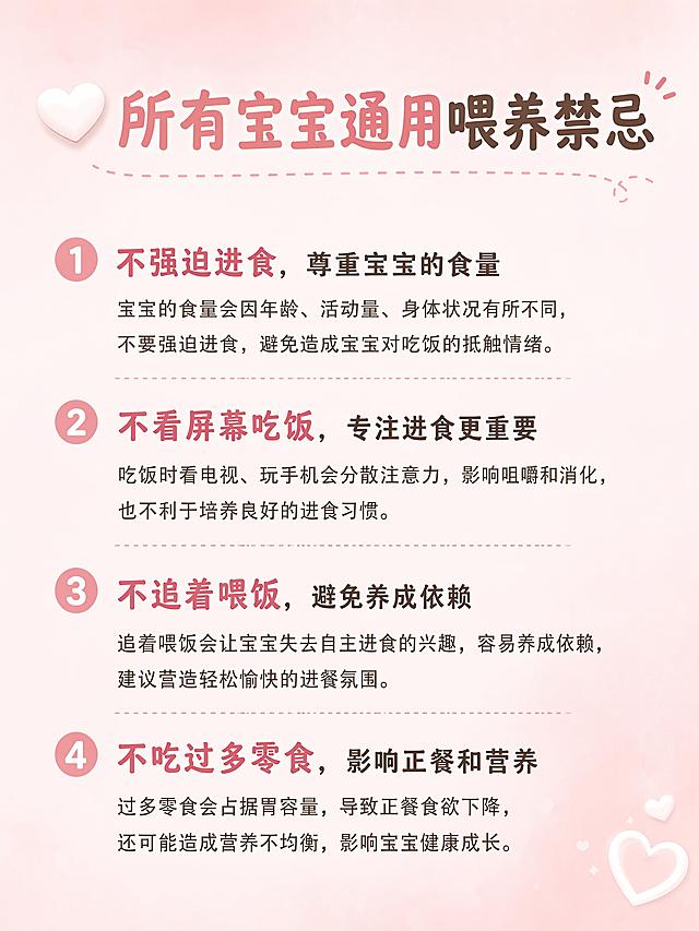 小红书第四页                                                                         🤍【所有宝宝通用喂养禁忌】
 
1. 6个月以内纯母乳/纯奶粉宝宝，不用喂水
奶水里水分完全足够，额外喂水占肚子、伤肾脏
2. 拒绝过度喂养
宝宝扭头、闭嘴、推开奶瓶就是吃饱了
不要追喂、哄喂，容易积食、肠胀气、过度肥胖
3. 一岁内绝对禁止吃蜂蜜、糖水、米汤
肠胃未发育完善，极易引发不适
4. 喂奶后不要立刻换尿布、竖抱剧烈晃动
容易立马吐奶，建议静置一会再操作