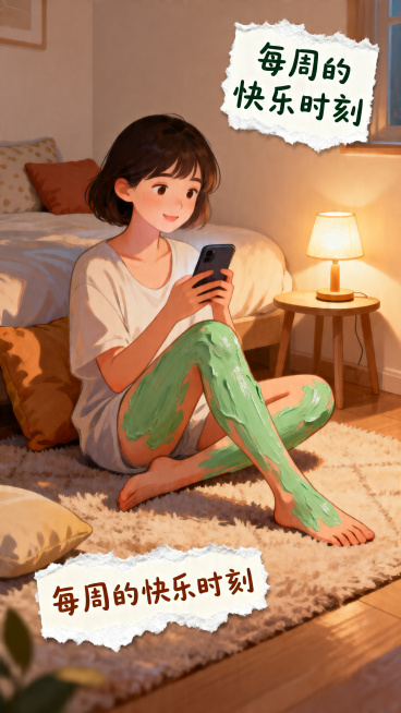 女生盘腿坐在地毯上，腿上厚涂着绿色体膜，手里拿着手机，表情放松惬意，背景是温馨的卧室角落，摆放着小台灯和抱枕，画面添加手绘风格的"每周的快乐时刻"贴纸，整体氛围慵懒治愈，色调温暖柔和预览效果