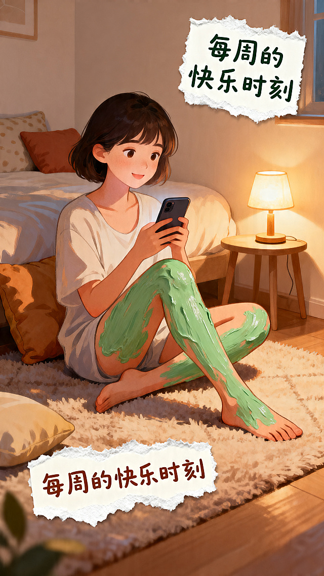 女生盘腿坐在地毯上，腿上厚涂着绿色体膜，手里拿着手机，表情放松惬意，背景是温馨的卧室角落，摆放着小台灯和抱枕，画面添加手绘风格的"每周的快乐时刻"贴纸，整体氛围慵懒治愈，色调温暖柔和