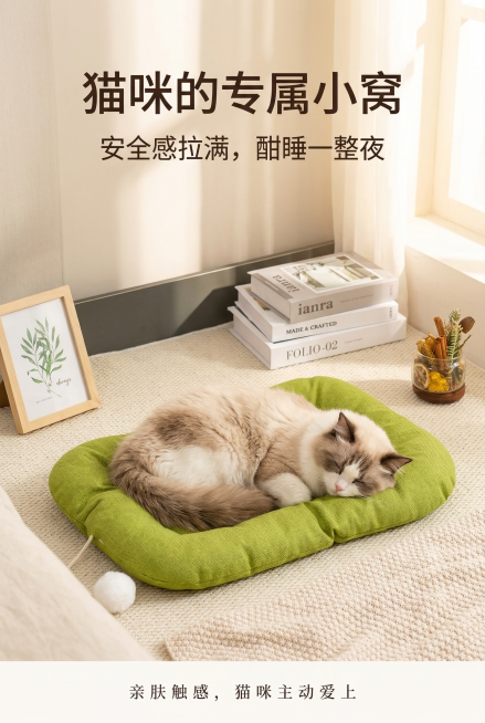 杂志级精致排版，高级统一风格。画面展示猫咪惬意趴在果绿色窝垫上的场景，背景为温馨卧室床边，阳光柔和洒落。主标题“猫咪的专属小窝”，副标题“安全感拉满，酣睡一整夜”，底部小字标注“亲肤触感，猫咪主动爱上预览效果