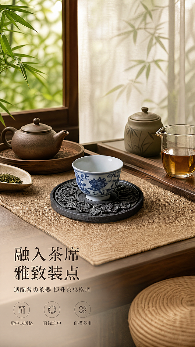 [第6屏] 茶室使用场景氛围展示屏。
[氛围/风格] 沉浸式新中式茶室场景，禅意宁静氛围，柔和自然光，氛围感商业摄影。
[元素布局] 本屏使用【图2】作为产品主体参考，保持产品外形、材质、颜色和纹理不变。产品放置在完整茶席场景中心，搭配整套茶具：实木茶盘、素色麻布、公道杯、茶叶罐、蒲团，背景是半透纱帘和窗外竹影，产品主体占据画面中心约60%区域，整体场景层次丰富，突出产品融入茶席后的雅致氛围。产品结构必须和输入参考图一致。
[光影质感] 柔和的侧窗自然光，透过纱帘形成漫射光影，整体光线温润，突出粗陶哑光质感和茶席宁静氛围，明暗过渡自然。
[配色色系] 全局基调：#F5F0E6（温润米调）；主体产品：深灰粗陶；场景配色调和：木色#8B6D3C，绿色竹影#5C7A44，纱帘白色#F8F5F0；文字：#2B2B2B深棕。
[视角构图] 中景视角，平视构图，产品在视觉中心，场景元素环绕衬托，符合移动端竖屏浏览。
[文字版式] 左下角主标题「融入茶席 雅致装点」，副标题「适配各类茶器 提升茶桌格调」，底部加三个信息点：「新中式风格 「直径适中」「百搭多用」，文字区域不遮挡产品主体，排版舒适留白充足。
[比例分辨率] 9:16竖版，4K分辨率，文字清晰可辨。
[负向提示词] 产品变形，纹理错乱，颜色偏差，场景喧宾夺主，文字遮挡主体，水印