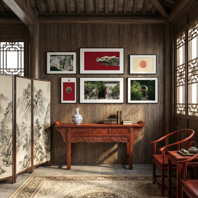 把图中的所有挂画挂在一个中式复古高级室内客厅场景墙上，画质清晰，光影效果预览效果