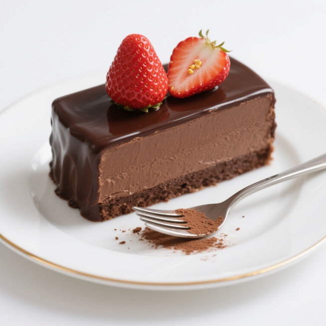 一块精致的巧克力慕斯蛋糕，表面覆盖着光滑的深棕色巧克力釉，顶部点缀着两颗新鲜的、色泽鲜红的草莓，其中一颗被切开露出内部颗粒饱满的果肉和金黄的籽，蛋糕放置在带有金色细边的白色瓷盘上，瓷盘边缘散落着少许可可粉，一把银色的金属叉子斜放在盘边，叉子上沾有微量巧克力粉，整个画面以纯白色为背景，呈现出高清晰度的写实风格，光影柔和，蛋糕的层次感分明，巧克力的丝滑质感与草莓的水润光泽形成鲜明对比，营造出甜美诱……预览效果