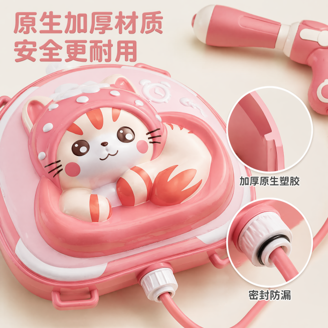 「图片1」，根据此图，生成一套主图5张，商品名称是背包水枪，卖点是夏日萌趣戏水，欢乐打水仗，解放双手，材质加厚，原生塑胶，1：1图片预览效果