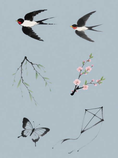 简约现代风格的纯色背景上，以中国水墨画技法绘制的6个春季元素规整排布，包括一只展翅飞翔的燕子（黑羽、白腹、红喉、黄喙，羽毛边缘有自然墨色晕染效果），以及其他春季元素如柳枝、桃花、嫩芽、蝴蝶、风筝，每个元素均采用流畅的水墨笔触，墨色浓淡变化自然，整体造型简洁写意，无任何文字、logo和水印。预览效果