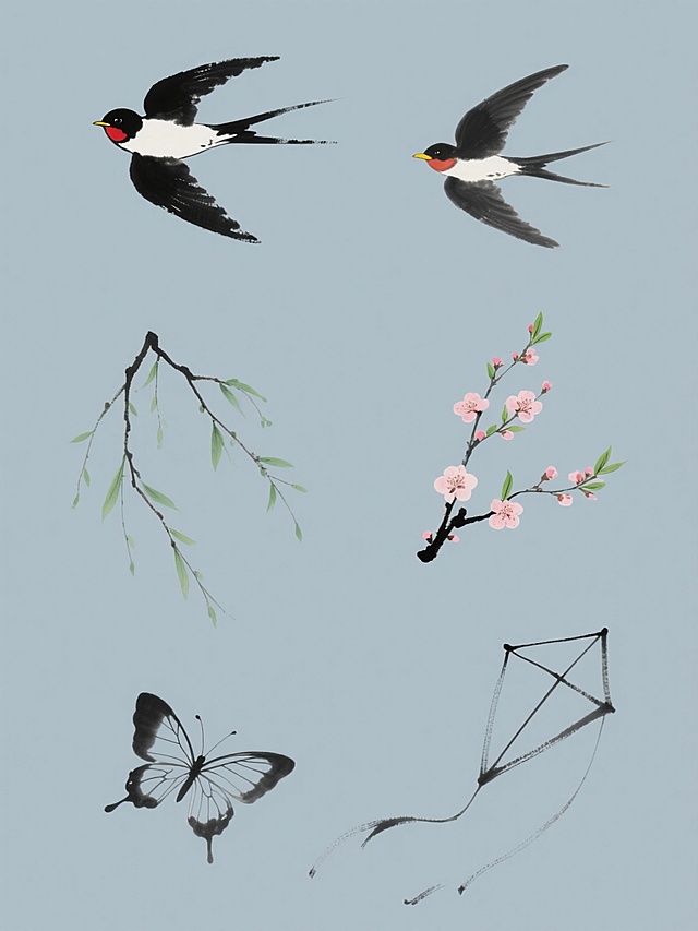 简约现代风格的纯色背景上，以中国水墨画技法绘制的6个春季元素规整排布，包括一只展翅飞翔的燕子（黑羽、白腹、红喉、黄喙，羽毛边缘有自然墨色晕染效果），以及其他春季元素如柳枝、桃花、嫩芽、蝴蝶、风筝，每个元素均采用流畅的水墨笔触，墨色浓淡变化自然，整体造型简洁写意，无任何文字、logo和水印。