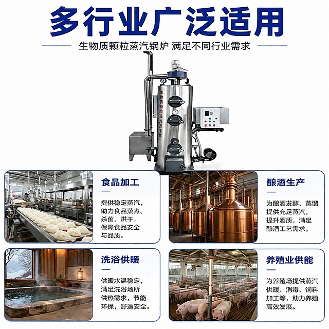 [第7屏] 适用场景展示-生物质颗粒蒸汽锅炉多场景适配。本屏使用【图1】搭配场景缩略图展示。
[氛围/风格] 生活场景风，白底拼接展示，清晰直观展示适配行业。
[元素布局] 顶部大标题，下方四宫格布局展示不同使用场景，每个场景配场景缩略图+文字说明；产品图放在页面顶部占比约40%，下方四格场景均匀分布。产品外观保持原图一致。
[光影质感] 每个场景都明亮清晰，整体光照均匀，真实场景质感。
[配色色系] 全局底色 #FFFFFF；主色深蓝标题，浅蓝场景卡片边框，深色说明文字。
[视角构图] 从上到下，分块展示，信息清晰。
[文字版式] 顶部标题「多行业广泛适用」，四个场景分别为：食品加工、酿酒生产、洗浴供暖、养殖业供能；每个场景文字标注清晰，适配不同行业需求。
[比例分辨率] 1:1 正方形，4K分辨率，文字清晰可辨，高清画质，宽度适配需求。
[负向提示词] 产品变形，缺件错件，文字错乱，场景模糊