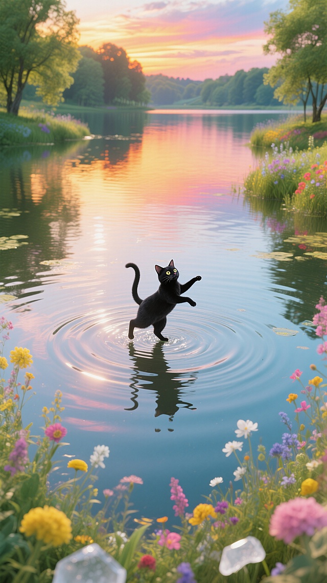 梦幻水彩插画，黑猫拟人化在湖面轻舞，超现实主义风格，夕阳映衬花海。