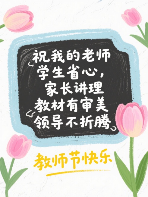 粉笔涂鸦风，肌理感白底，浅蓝不规则圆角矩形粉笔文本框（黑板质感），白字文案“祝我的老师 学生省心 家长讲理 教材有审美 领导不折腾”，点缀粉色手绘郁金香，黄字“教师节快乐”预览效果