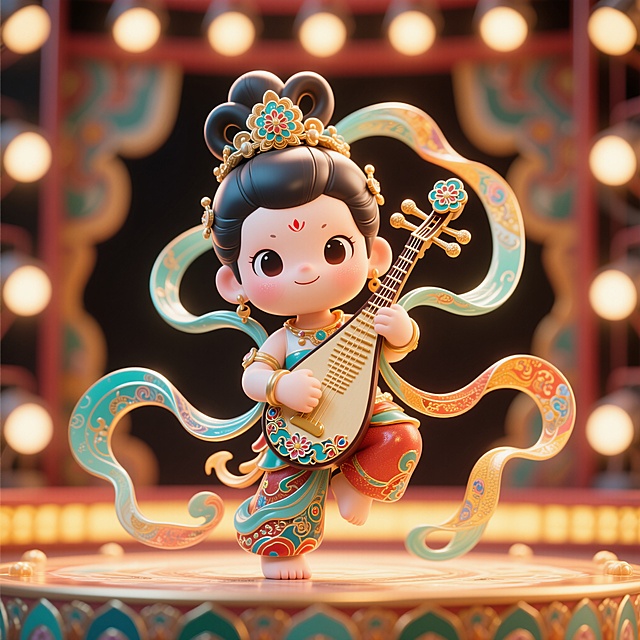 软3D风国潮设计，可爱卡通人物弹奏琵琶，梦幻唯美的中式感场景。