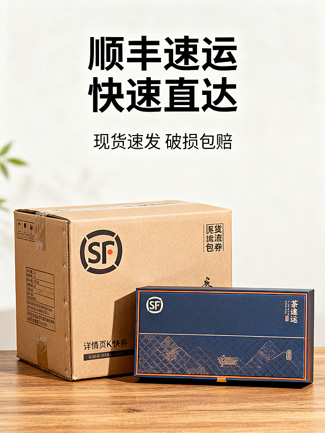 顺丰速运保障详情页，竖版3:4商务风格。画面展示快递纸箱包装，搭配茶叶礼盒，标题"顺丰速运 快速直达"，副标题"现货速发 破损包赔"，版面干净简洁，传递物流保障信心。保持整体商务风格统一，商业摄影质感。3:4比例，2k分辨率，超高清文字清晰。负向提示词：变形，水印，文字错乱，产品图模糊，背景杂乱。