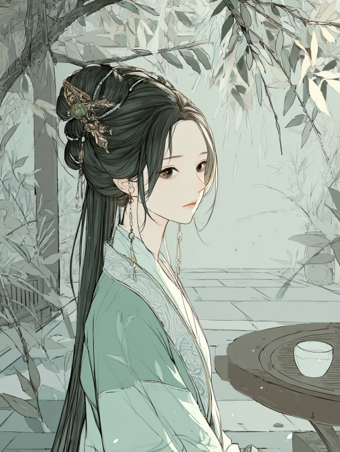 写实风格：“中晚唐偏梳髻，头发全部梳向右侧，低髻（枕骨高度），发丝松散挽成团状，余发垂肩显不对称美；髻侧插一支银鎏金簪（簪头雕蔓草纹），耳戴珍珠耳珰；身着浅碧色对襟襦裙（薄纱材质，衣领绣银线竹叶），外预览效果