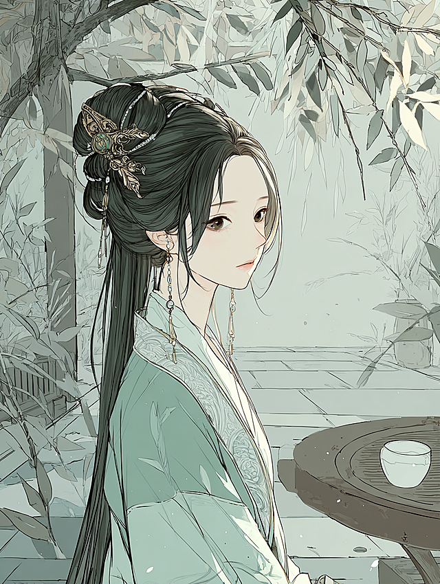 写实风格：“中晚唐偏梳髻，头发全部梳向右侧，低髻（枕骨高度），发丝松散挽成团状，余发垂肩显不对称美；髻侧插一支银鎏金簪（簪头雕蔓草纹），耳戴珍珠耳珰；身着浅碧色对襟襦裙（薄纱材质，衣领绣银线竹叶），外披烟灰色半臂；背景为秋日庭院（梧桐落叶、石桌茶盏），斜阳透过枝叶洒在发丝上；风格为写意古风插画，色彩清冷（碧、灰、银为主），发丝柔软垂坠，8K细节，疏离淡然。”