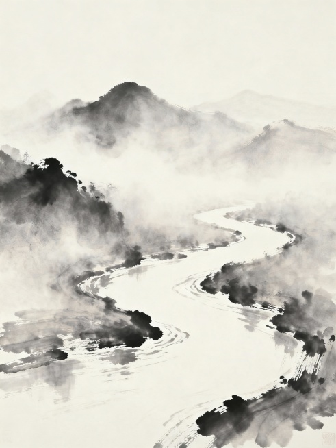 江流天地外，山色有无中根据这句诗描述山水画面。预览效果
