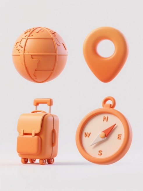 四个旅行元素的系列图标，每个图标都采用与橙色地图标记相同的3D立体风格，光滑圆润的表面，统一的橙色渐变色调，柔和的高光和阴影处理，纯白色背景。从左到右、从上到下依次为：简约风格的地球仪图标，圆形球体上有简化的经纬线；方形旅行背包图标，有一个翻盖和肩带的简化轮廓；带拉杆的行李箱图标，矩形主体，顶部有拉杆和侧面的轮子；以及指南针图标，圆形盘面，带有N/S/E/W四个方向的简化指针。所有图标大小一致……预览效果