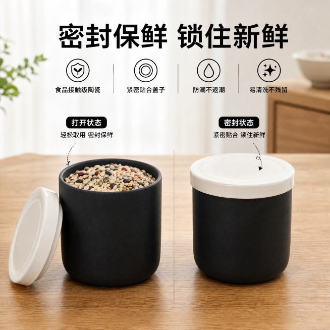 「图片1」，生成一套主图（10张「图片1」「图片1」），拼多多平台，主图比例为1:1黑白配简约陶瓷密封罐厨房杂粮储物罐食品收纳罐糖果罐咖啡茶叶罐密封尺寸直径10.5CM高10CM预览效果