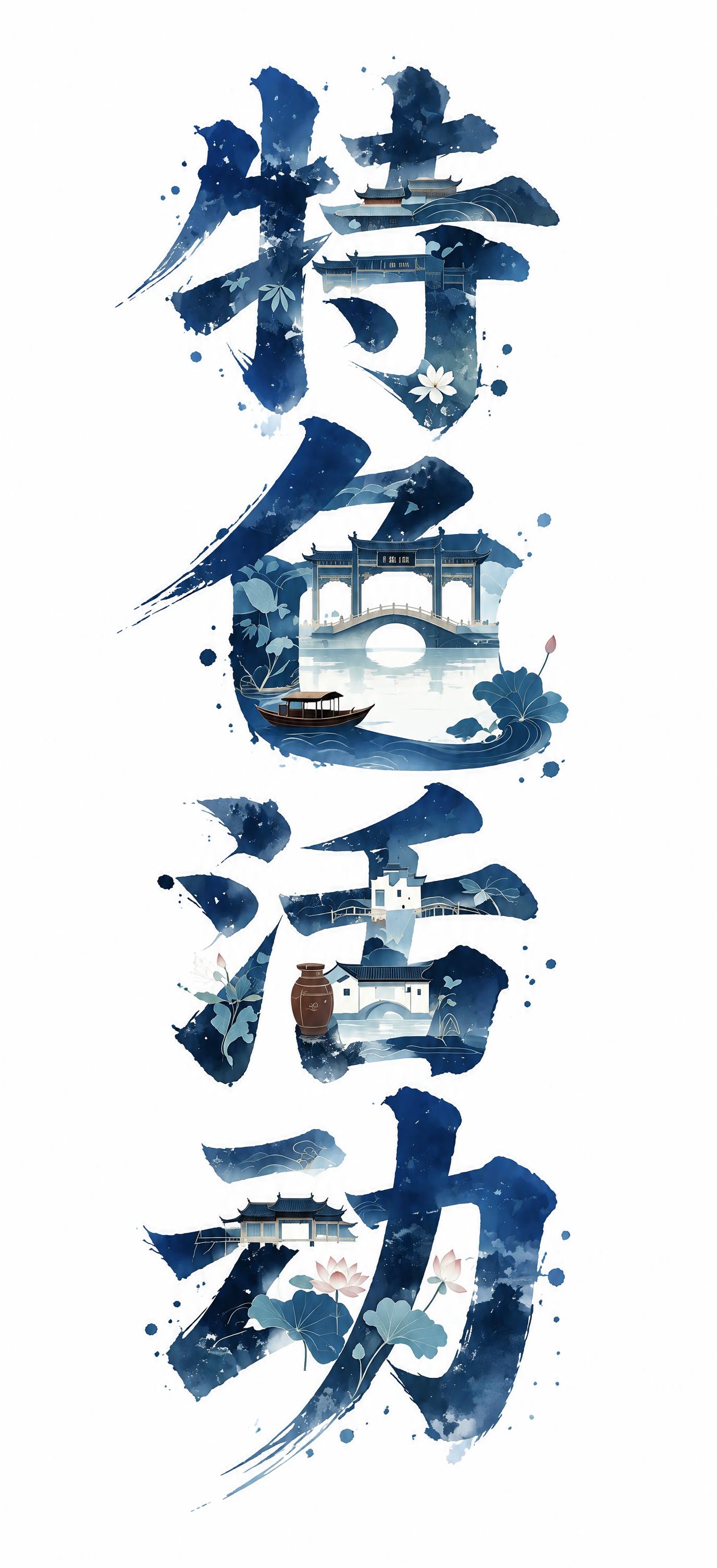 将图中黑色字体替换为蓝色，字与字之间错落有致，字体灵动飘逸，水… - 图片创意预览