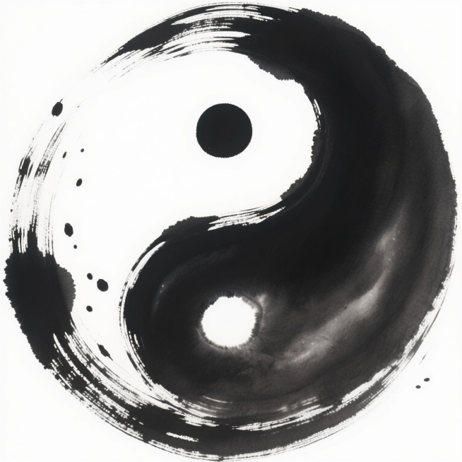 中国传统水墨风格的太极图案，以黑白两色为主，呈现出浓淡不一的墨色渐变效果，笔触奔放洒脱，具有强烈的水墨晕染感和飞白效果，太极阴阳鱼的形态通过流畅的曲线和氤氲的墨团构成，边缘带有自然的墨点飞溅，整体画面充满动感与张力，背景为纯白色，突出水墨太极的主体，展现出东方哲学中阴阳相生、虚实结合的意境。预览效果