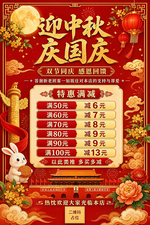 一张迎中秋庆国庆双节同庆的节日促销海报，竖版2:3比例，国风新中式工笔风格，喜庆热闹氛围。画面顶部居中大标题"迎中秋 庆国庆"，金色书法字体，下方副标题"双节同庆 感恩回馈"。中间区域为优惠活动信息区，标题"特惠满减"，下方以精美卡片或列表形式清晰呈现满减阶梯："满50元减6元"、"满60元减7元"、"满70元减8元"、"满80元减9元"、"满90元减9元"、"满100元减13元"，底部标注"以此类推 多买多减"。画面上方有答谢语"答谢新老顾客一如既往对本店的支持与厚爱"，画面底部有欢迎语"热忱欢迎大家光临本店"。背景为深红色渐变，点缀金色祥云纹样、灯笼、月亮、桂花等中秋国庆节日元素，左右两侧有传统中式边框装饰。整体配色以中国红、金色为主，营造喜庆隆重的节日氛围。版式精美，层次分明，四周留有安全边距。画面中所有数字必须精确渲染，不得错位、遗漏或编造。画面中所有信息区域必须填充完整合理的内容，不得出现空白框、空白占位、横线待填写区域、空列表项、空单元格，确保是完整可用的成品海报而非待填写模板。画面中所有二维码区域使用纯色方块占位符呈现，方块中央标注"二维码占位"文字，严禁生成任何可识别的二维码图案。