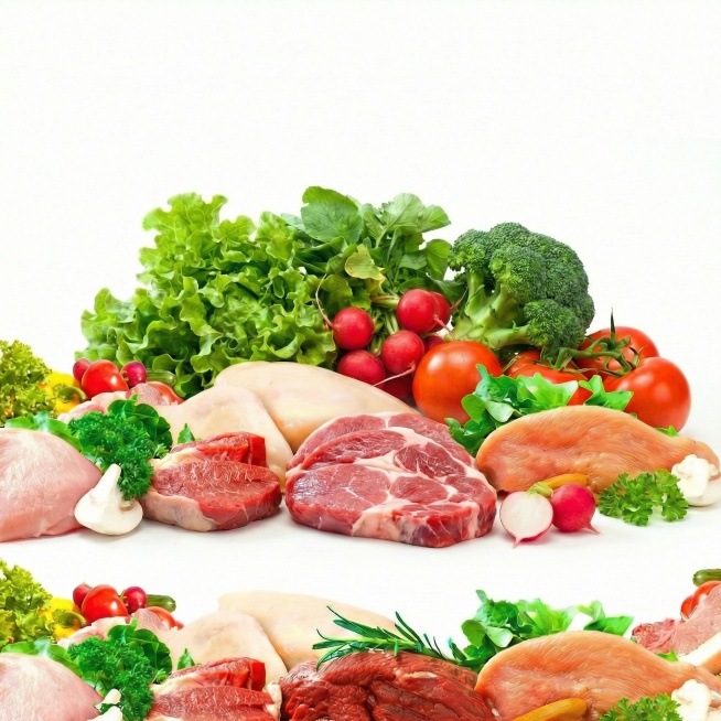 「图片1」把图片中颜色不好看的猪肉换成鲜肉，把上面部分的小红萝卜西红柿这些放到下面来，只需要下面部分的场景即可。然后生成图片，一共生成5张预览效果