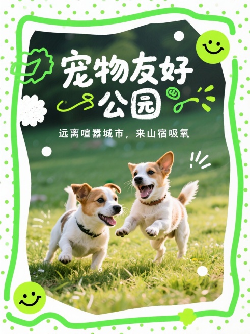 大标题“宠物友好公园”，稚嫩手写质感的字体，字体夸张且醒目，小字“远离喧嚣城市，来山宿吸氧”围绕标题字一圈，背景贴了漫画网点质感的两只小狗在草地上，绿白网点，绿色不规则粗线条框住画面，有荧光色表情装饰预览效果