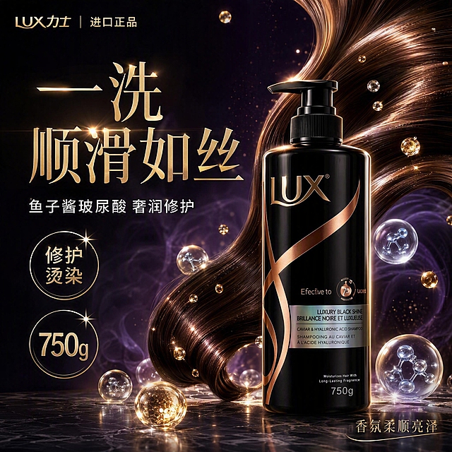 [单张主图] LUX力士鱼子玻尿酸修护洗发水 高级氛围感创意主图，目标是让顾客一眼看到就被吸引并产生购买欲，用视觉效果传递柔顺亮泽的发质体验。

[画面主体] 产品为黑色按压泵瓶身洗发水，瓶身有金色LUX logo和玫瑰金流线装饰，瓶身文字清晰专业无乱码，产品外观与输入图一致。产品位于画面中下方偏右位置，占画面约40%，正面微侧角度，瓶身完整不裁切。

[构图版式] 采用「大字场景海报型」版式：上半区用超大视觉效果和主标题压住视觉，产品置于中下方，周围加入与品类相关的发丝和成分元素，营造沉浸式体验感。

[场景元素] 深紫黑色渐变背景，画面中央从产品瓶口向上延伸出一缕缕极致柔顺光泽的深棕色长发丝，发丝如丝绸般顺滑有光泽，在空中形成优美的弧线，发丝上有金色高光点点闪烁，象征修护后的亮泽发质。发丝周围悬浮着几颗晶莹的透明质酸分子球和金色鱼子酱颗粒，成分可视化。产品下方是深色大理石台面，有柔和倒影。背景有淡淡的紫色烟雾和金色粒子光点，整体梦幻高级。

[文案版式] 左上角放品牌标识：金色「LUX力士」小字 + 「进口正品」金色细标签。
主标题（左侧中部，竖排或横排大字号，金色细衬线体）：「一洗 顺滑如丝」
副标题（主标题下方，白色小号字）：「鱼子酱玻尿酸 奢润修护」
左侧下方两个圆形金色细线徽章：
第一个徽章：「修护烫染」金色字
第二个徽章：「750g」金色大字
右下角小字：「香氛柔顺亮泽」

[光影质感] 超写实商业摄影质感，产品正面主光柔和，瓶身有明显的金色轮廓光边，黑色漆面有细腻反光。发丝有丝绸般的光泽流动感，根根分明但整体顺滑。分子球和鱼子酱颗粒有晶莹剔透的折射光。整体光影高级梦幻，有电影级质感。

[配色字体] 主色：深紫黑 + 金色；辅助色：深棕（发丝）+ 透明水蓝（分子球）。主标题用细衬线体，金色金属质感；辅助文字用干净无衬线体，白色或金色。字体优雅克制，靠留白和光影分层级。

[比例分辨率] 1:1正方形，2K分辨率，文字清晰可辨。

[负向提示词] 瓶身乱码文字、拼写错误、文字变形、水印、平台logo、促销标签、价格、人物面部、手指、产品模糊、悬浮感、背景杂乱、畸形结构、低清晰度