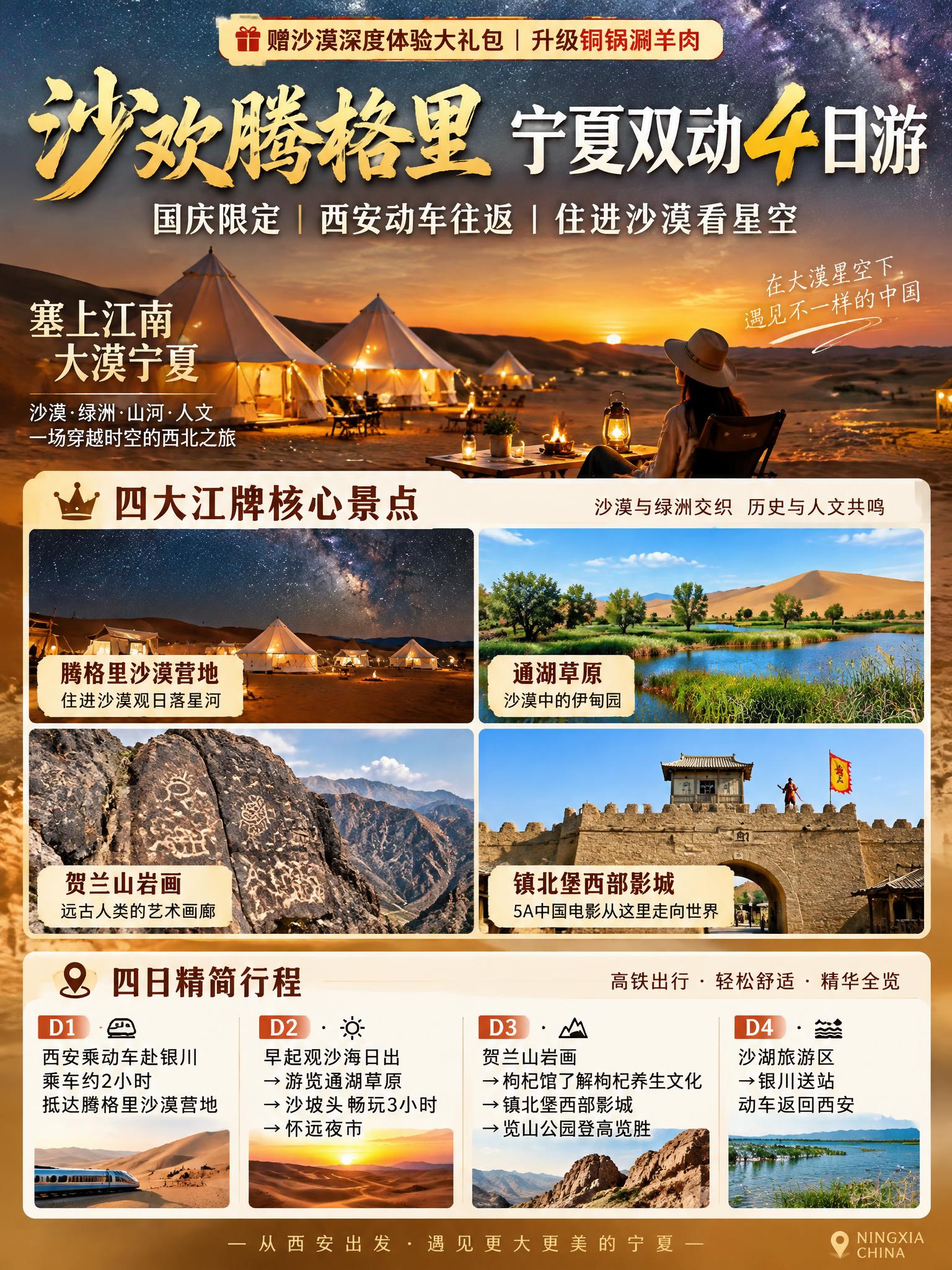 3:4竖版小红书文旅海报，沙欢腾格里宁夏双动4日游，塞上江南大… - 图片创意预览