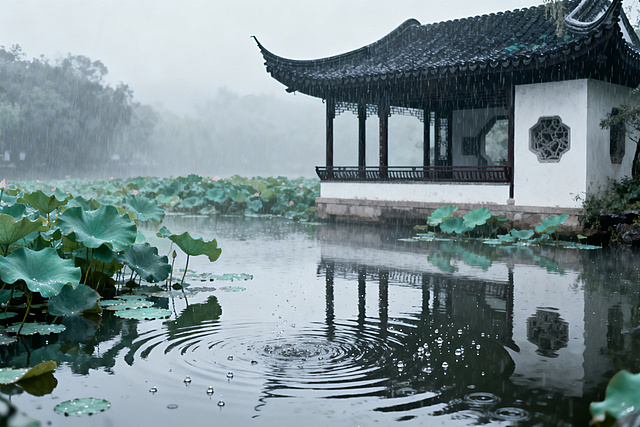 连绵梅雨中的古典亭台，荷塘水满溢出，低饱和度墨灰与玉色配色